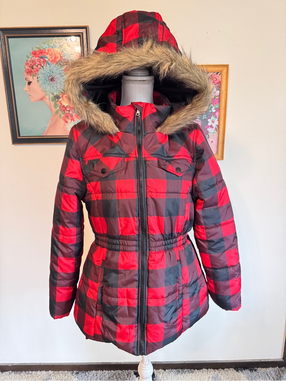 Women’s Red Plaid Hooded Puffer Coat with Faux Fur Trim